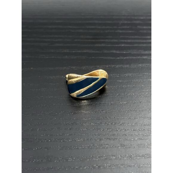 Vintage 80s Monet Gold-Tone & Navy Blue Classic Geometric Design Clip-On Earring - Picture 1 of 3